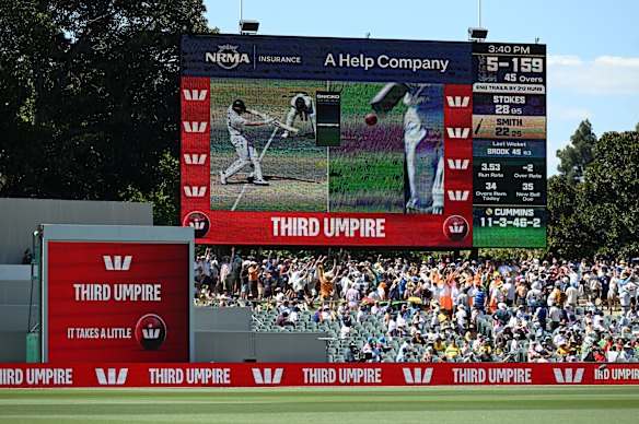 The big screen shows the DRS review after an appeal for Jamie Smith’s wicket is sent to the third umpire.