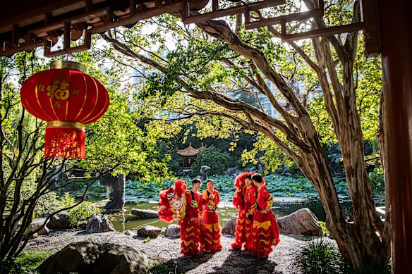 Lunar New Year dragon dancing group from Lion Dance Kids at Chinese Garden of Friendship Darling Harbour.