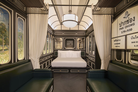 The rooms are reminiscent of an art deco train carriage.