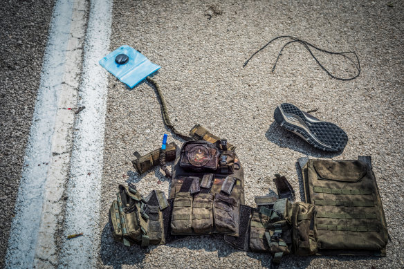 The gear of a Palestinian fighter on a road in the aftermath of a deadly attack on a police station in the Israeli city of Sderot on October 8.