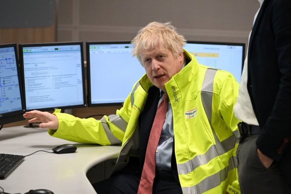 Prime Minister Boris Johnson in the control centre training area in Bridgwater, England. The UK government revealed its long-awaited energy strategy today putting nuclear power at its centre. 