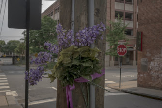 Flowers mark the site where Heather Heyer was killed last year in Charlottesville.