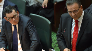Premier Daniel Andrews and Tourism Minister John Eren in  parliament on Thursday.