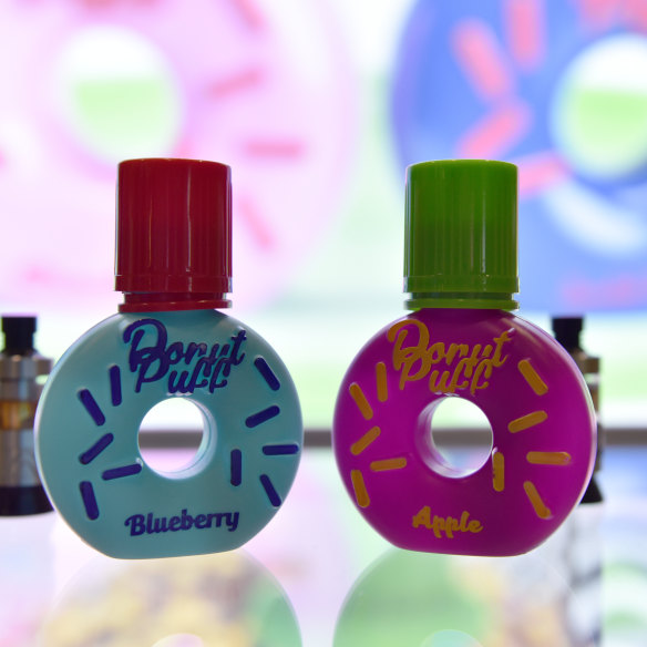 Blueberry and apple-flavoured e-liquids on show at a trade show in London in April.