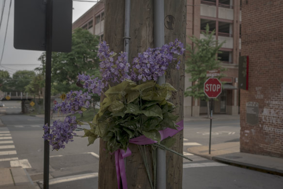 Flowers mark the site where Heather Heyer was killed last year in Charlottesville.