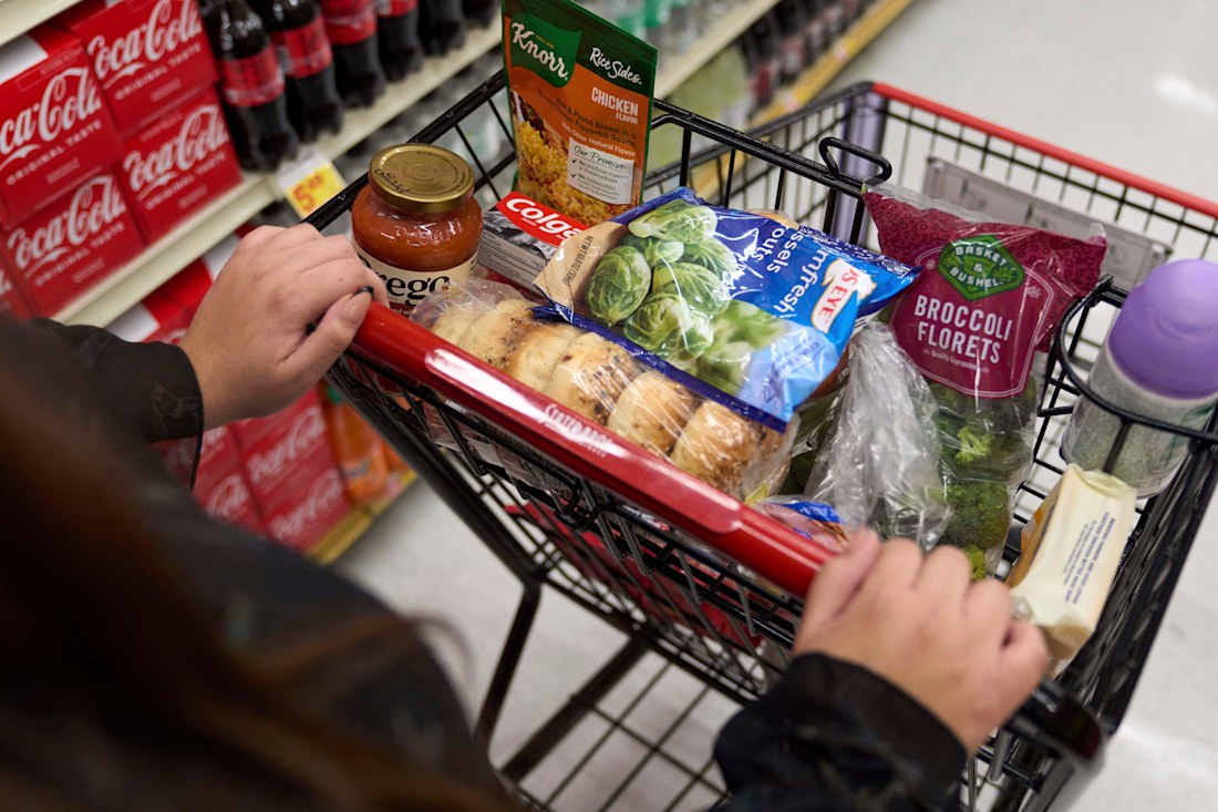 A close-up shot of someone's hands pushing a full cart of groceries in a supermarket.