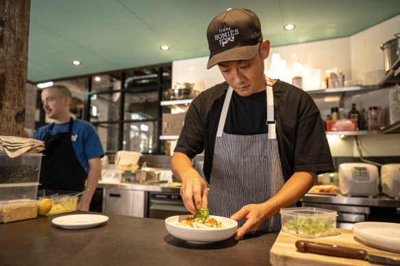 Junichi Okamatsu (right) with Young Chef of the Year finalist Jack Mosher in the Poketto kitchen.