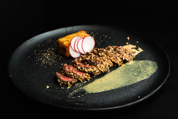 Kangaroo with a macadamia dukkah crust.