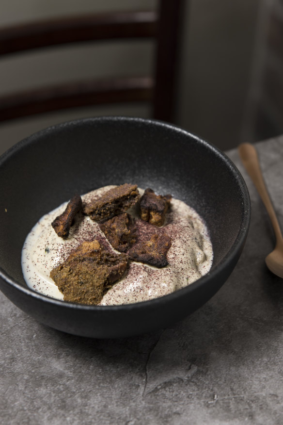 Black sesame parfait with smoked macadamia. 