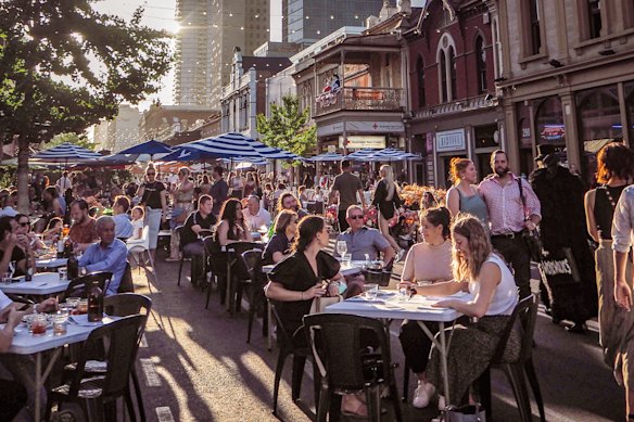 Crowds throng Adelaide’s streets during the Fringe Festival.