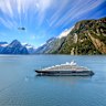The Scenic Eclipse II at Milford Sound; the ship is 168 metres long and caters for just 228 passengers.