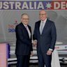 Albanese and Dutton shake hands ahead of the final leaders’ debate on Sunday evening.