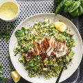 Grilled chicken with spring green tabbouleh and tarragon dressing.