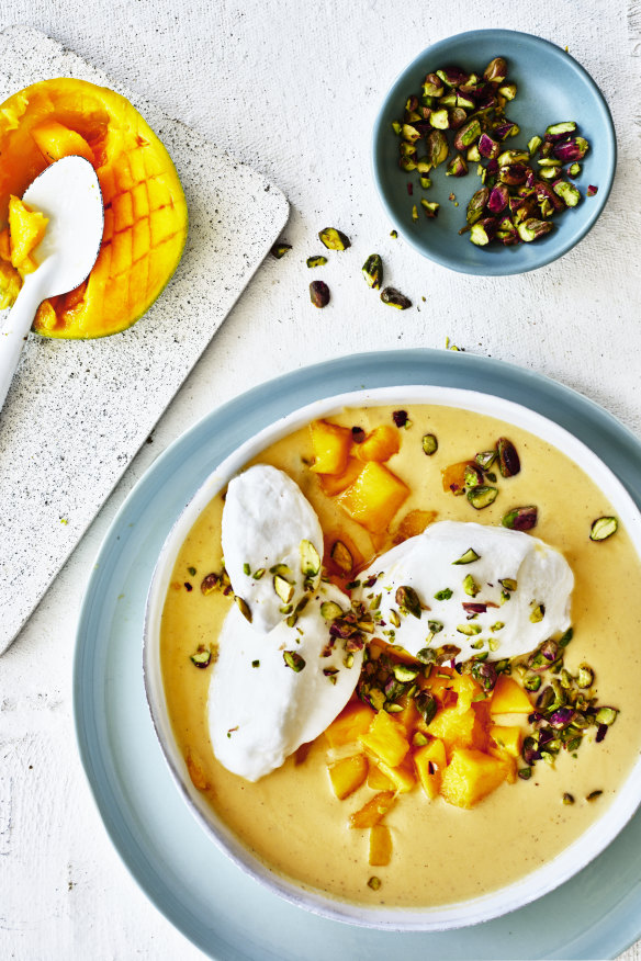 Mango and pistachio floating islands.