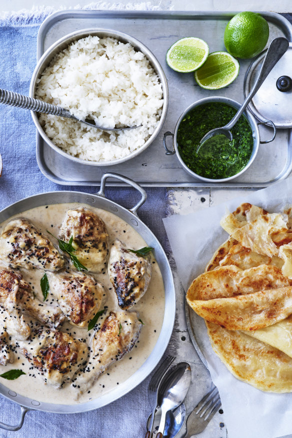 Serve this creamy, coconutty chicken curry with mint chutney, rice and roti.