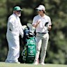AUGUSTA, GEORGIA - APRIL 08: Min Woo Lee of Australia and caddie Brian Martin speak on the 15th hole during a practice round prior to the 2025 Masters Tournament at Augusta National Golf Club on April 08, 2025 in Augusta, Georgia. (Photo by Michael Reaves/Getty Images)