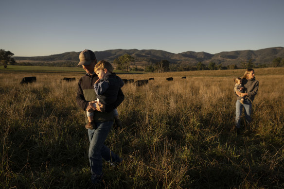 Jack and Susannah White, with their children Sid, 2, and Rosie, 1, on their farm outside Mudgee.
