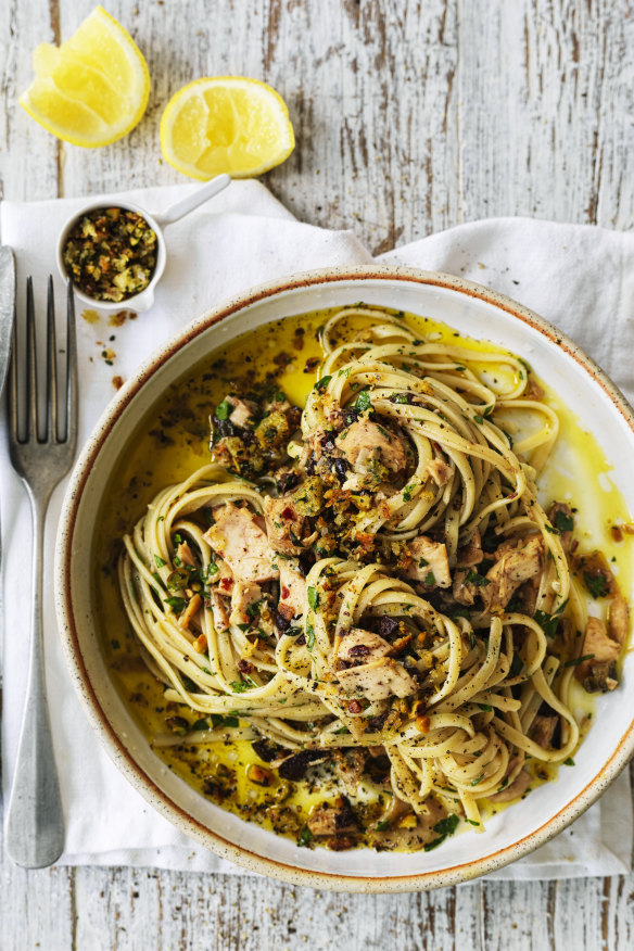 Linguine with spicy tuna, olives and capers.