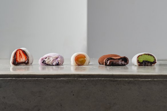 Strawberry, blueberry, grape, chocolate and matcha daifuku at Daifuku Sydney Store. 