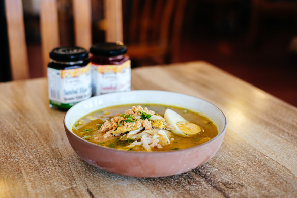 Soto ayam Ambengan, a turmeric-powered chicken noodle soup that originated in the Javanese port city of Surabaya.