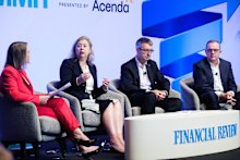 Wealth reporter Michelle Bowes at the Australian Financial Review, Sarah Abood, the chief executive at the Financial Advice Association of Australia, Gerard Kerr, the chief executive of individual business at Acenda and Scott Hartley, the chief executive of Insignia Financial speak at the AFR Super and Wealth Summit 2025.