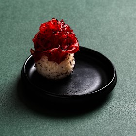 Yellow fin tuna onigiri, stracciatella &amp; umeboshie.