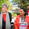 Labor candidate Michelle Ananda-Rajah (right) was supported by Senator Penny Wong at the pre-poll station in Malvern.