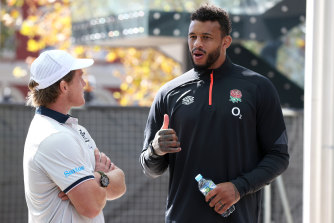 Courtney Lawes chats with Michael Hooper in Perth on Friday.