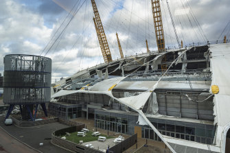 Winds ripped the roof off London’s O2 Arena, formerly known as the Millennium Dome.