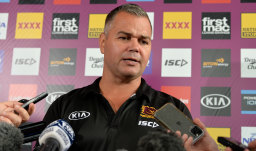 Anthony Seibold speaks at a press conference before a Broncos training session.