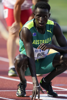 Bol takes a moment after his race at the world Championships in Oregon in 2022.