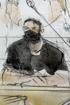 A court sketch of defendant Salah Abdeslam in court on Wednesday.