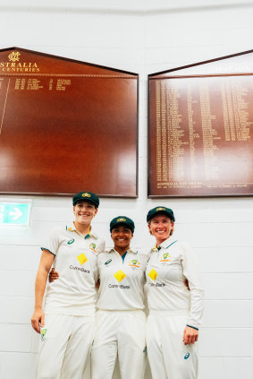 Annabel Sutherland, Alana King and Beth Mooney became their first Australian women to have their names embossed on the honour boards in the MCG changerooms after their heroics in the Ashes Test that finished on Saturday.