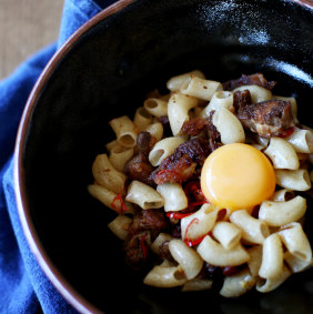 Mitch Orr's famous macaroni with pig's head and egg yolk.