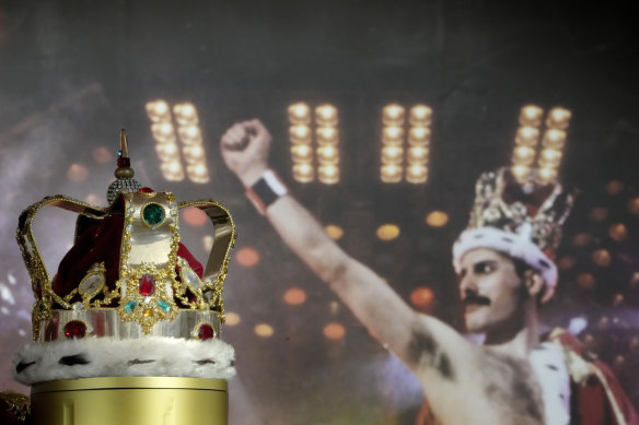 Freddie Mercury’s signature crown worn throughout the ‘Magic’ Tour, on display at Sotheby’s auction rooms in London. The crown and the cape sold for $1.24 million.