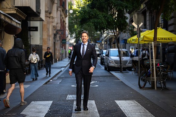 Lord Mayor Nick Reece in Flinders Lane, which he wants to transform into a “pedestrian first” street. 
