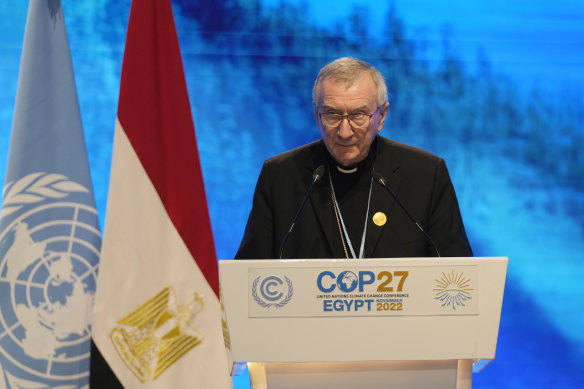 Vatikan Dışişleri Bakanı Kardinal Pietro Parolin, Kasım ayında Mısır'da düzenlenen BM iklim zirvesinde konuşuyor.
