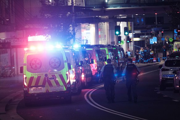 Ambulances parked outside Bondi Westfield on the day of the attack.