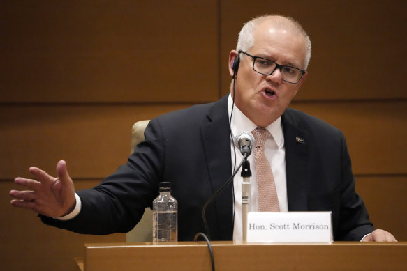 Former Prime Minister of Australia, Scott Morrison speaks during a symposium of the Inter-Parliamentary Alliance on China in Tokyo.