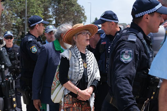 Pro-Palestine agitators cause police to push back those gathered to pay respects at Bondi Beach after the terror attack. 