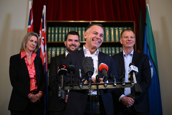 Opposition Leader John Pesutto (front) with the new leadership team (left to right) of Georgie Crozier, Evan Mulholland and David Southwick.