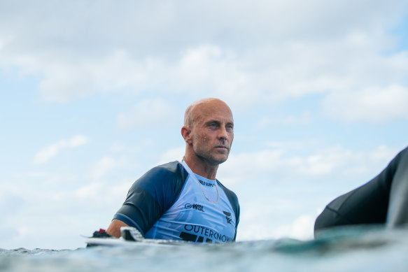 Nathan Hedge in the water at the Tahiti Pro at Teahupo’o.