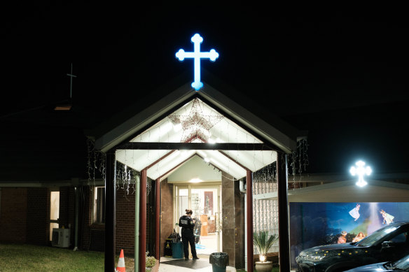 Outside Christ the Good Shepherd Church in Wakeley on Tuesday, the morning after Bishop Mar Mari Emmanuel was stabbed.