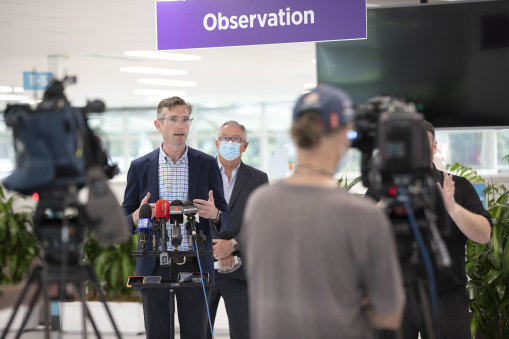 NSW Premier Dominic Perrottet and Health Minister Brad Hazzard address the media on Sunday morning.