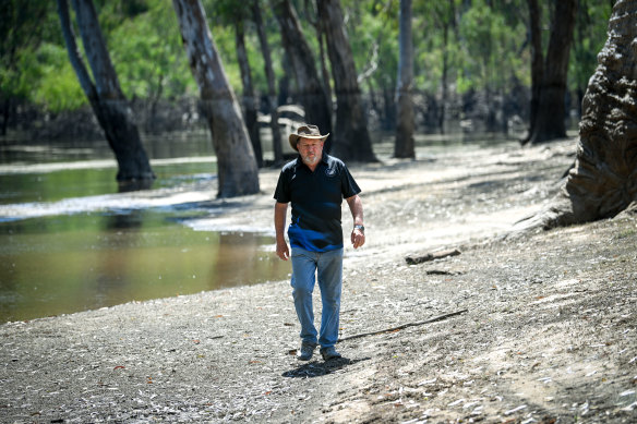 Bill Chalker walking along the Murray River at Barmah. 