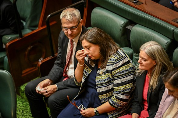 Labor MP Sheena Watt (centre) during the apology. 