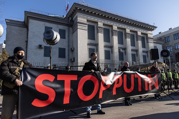 Anti-Putin protests took place in Kyiv (pictured), as well as in Berlin, Paris and other European cities.