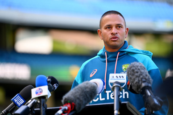 Usman Khawaja spoke at the MCG on Friday, after being charged with breaching ICC regulations.