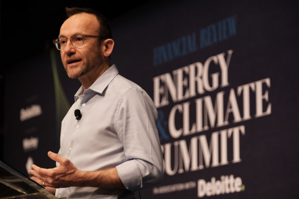 Greens leader Adam Bandt speaks at the Australian Financial Review’s Energy and Climate Summit on Tuesday.