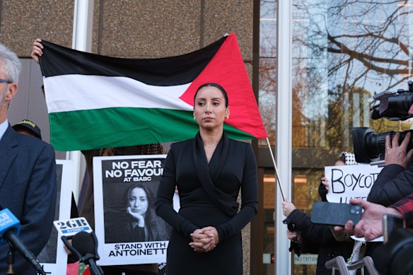 Antoinette Lattouf outside the Federal Court in Sydney after her court win against the ABC.
